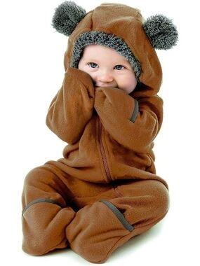 Cuddle Club Brown Bear Fleece One-Piece Hooded Footed Romper, 3-6M, NWT